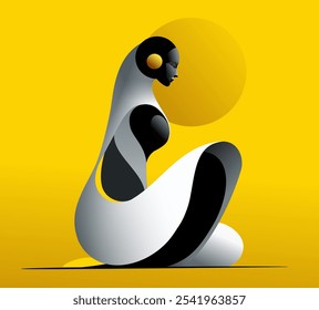Abstrait, dessin de figure de femme noire et grise jaune, sur fond jaune.