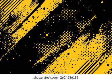 Abstract yellow and black grunge vector background. Dynamic design features distressed paint strokes, halftone dots, splatters, and diagonal lines, creating an energetic and edgy textured effect.