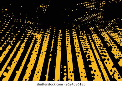 Abstract yellow and black grunge vector background with a sense of perspective. Features distressed stripes, halftone dots, and splatters receding into the distance, creating a dynamic, edgy effect.