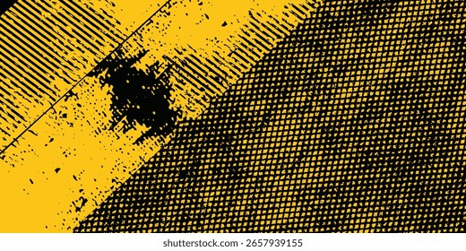 Abstract yellow and black grunge vector background. Dynamic design features distressed paint strokes, halftone dots, splatters, and diagonal lines.vector ilustration