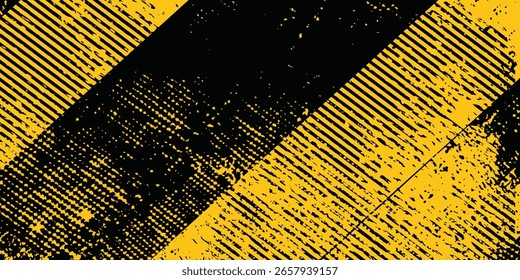 Abstract yellow and black grunge vector background. Dynamic design features distressed paint strokes, halftone dots, splatters, and diagonal lines.vector ilustration