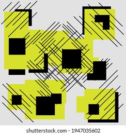 Abstrakte, gelbe und schwarze Quadrate. Vektorkunstgelbe Plätze und Diagonallinien. Zeichnen von Vektorplätzen. Avangard Art.