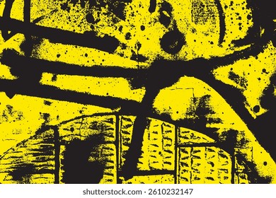 Abstract Yellow and Black Textured Design, showcases an abstract design in contrasting yellow and black. Bold black lines and splatters dominate a textured yellow background, creating a dynamic