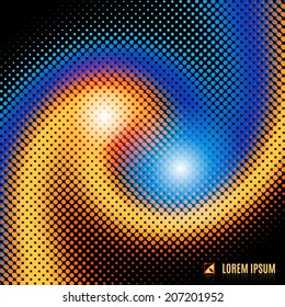 abstract yellow and blue  flamy fiery blurred curve decorative space background with halftone, geometric element, spiral, stream, swirl, flame and vortex
