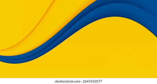 Abstract yellow and blue geometric curve overlap layer background with halftone dots decoration. Modern horizontal banner template design.