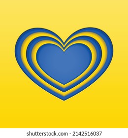 Abstract yellow and blue gradient background with cut paper heart symbol. Shadow heart sign many layers for greeting cards and holiday invitations. Support Ukraine in war with Russia. Humanitarian