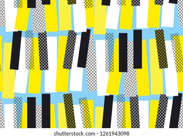 Abstract yellow and blue jazz music seamless pattern. bright summer colors piano keys repeatable motif, pop-music geometric concept motif for wrapping paper, fabric.