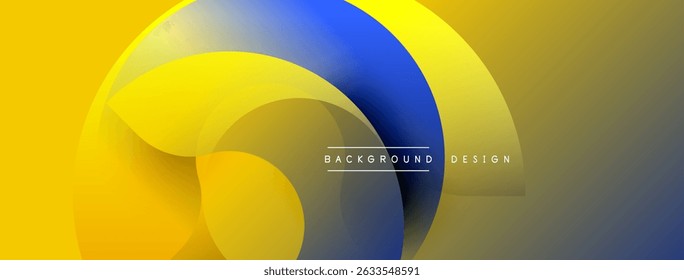 Abstract yellow, blue layers create dynamic visual flow. Modern design elements suggest innovation, energy, depth. Minimal text present.