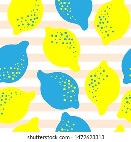 abstract yellow and blue lemons on light striped background vector seamless pattern. summertime theme