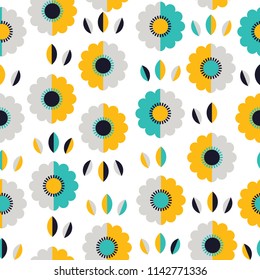 Abstract yellow and blue pattern with flowers and leaves. Vector illustration