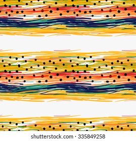 Abstract yellow and blue pencils scribble with black dots.Hand drawn with paint brush seamless background.Modern hipster style design.