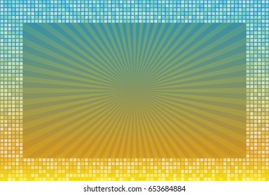 Abstract yellow blue radial background in mosaic frame of square. Bright summer vector illustration