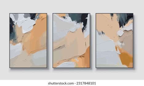 Abstract yellow and blue textured watercolor art triptych in boho style