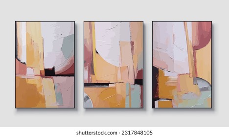 Abstract yellow and blue textured watercolor art triptych in boho style