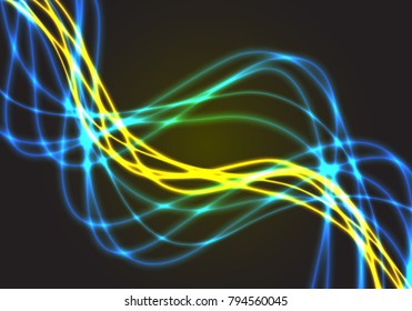 Abstract yellow blue wave on black technology background vector illustration.