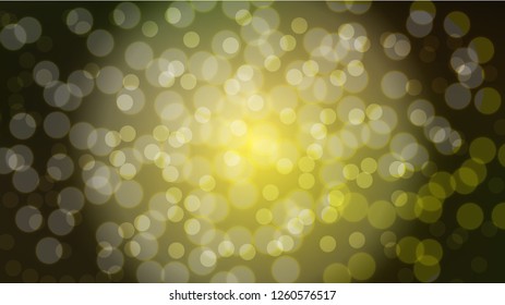 Abstract yellow blurred background with bokeh effect. Magical bright festive multicolored beautiful glowing shiny with light spots, round circles. Texture. Vector illustration.