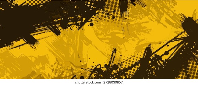 Abstract Yellow and Brown Digital Artwork with Expressive Brushstrokes, Splatters and Halftone Texture, Dynamic Layered Background Design
