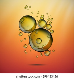 Abstract yellow bubbles rising on shiny background. Olive oil  vector background.