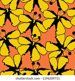 Abstract yellow butterflies seamless pattern on orange background