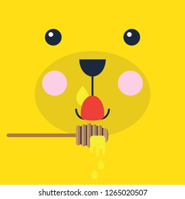 Abstract yellow cartoon teddy bear looking face licking yummy honey from stick label