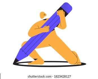 Abstract yellow character hold big pencil in hands. Trendy minimalistic person for ui, web design. Designer, architect, technical project drawing concept. Web design studio or architect bureau.