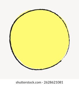 Abstract yellow circle with a rough black outline on a plain background. Simple yellow circle design. Minimalist yellow circle art. Frame with copy space, vector.