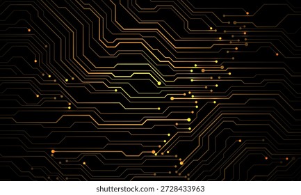 Tecnología Abstractas de placa de circuito amarillo Líneas conectadas Elementos electrónicos Placa base de computadora Procesador de chip Semiconductor digital sobre fondo negro Vector