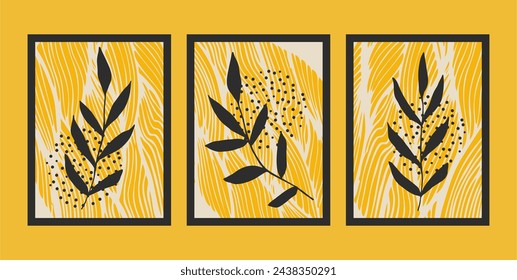 Abstract yellow colors with leaves art set. Botanical art vector for print, cover, wallpaper, natural wall art.