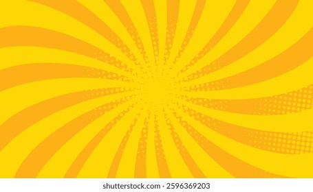 Abstract yellow comic background. yellow starburst with halftone. starburst manga background. spiral, swirl, comic rays