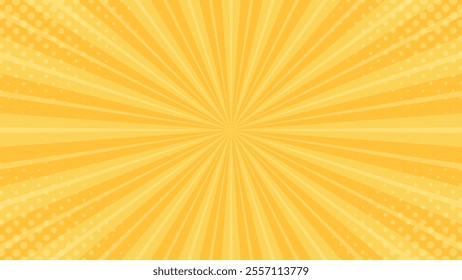Abstract yellow comic sunburst effect background with halftone. Pop art comic-style vector background. Suitable for templates, sale banners, events, ads, web and pages