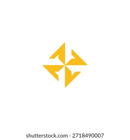 Abstract yellow cross windmill vector. Geometric shape graphic icon. Modern circular rotation emblem on grid backdrop.