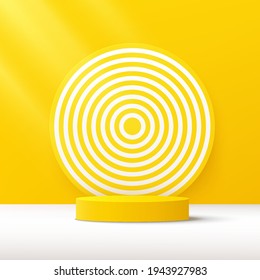 Abstract yellow cylinder pedestal podium, Bright yellow ,white spiral backdrop, Shadow of window. Vector rendering 3d shape, Product display presentation. Studio room concept, Minimal wall scene.