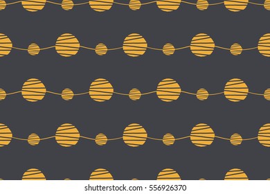 Abstract yellow and dark grey seamless vector pattern. Horizontal waves with hand drawn circles. Background illustration