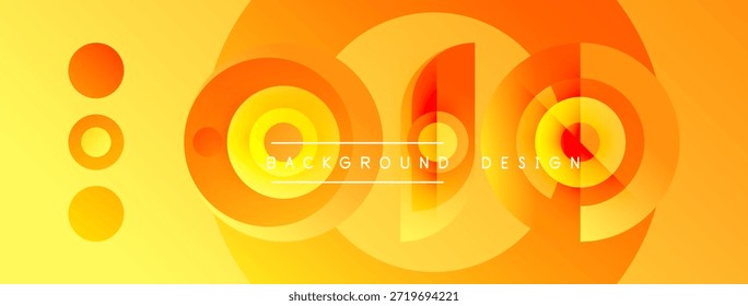 Design amarelo abstrato apresenta círculos concêntricos, gradientes, texto. Composição minimalista com elementos de ponto vertical. Estética moderna e vibrante.