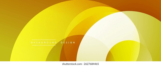 O design amarelo abstrato apresenta círculos sobrepostos. Óculos de gradiente criam profundidade, estética moderna. O texto lê o design do plano de fundo.