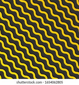 Abstract yellow diagonal wave lines pattern with shadow on black background and texture. Vector illustration