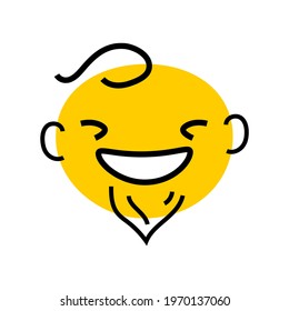 Abstract yellow face with wide smile, hair, ears and beard. Character icon design vector illustration isolated on white background. Expression people emotion.