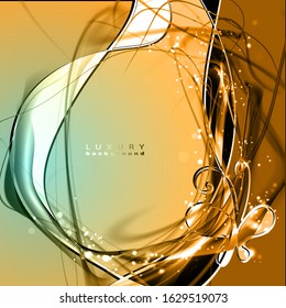 Abstract yellow festive background. Expensive vector frame with glowing fibers and butterfly.