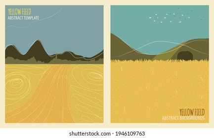 Abstract yellow field background templates, with land and mountains silhouettes. Clouds and grass pattern. Flat style and simple illustration with yellow, gold, green and blue sky colors. Vectorized.