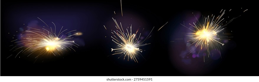 Abstract yellow fire sparks set isolated on black background. Vector realistic illustration, firework sparkler effect, welding machine light flare and smoke, holiday celebration flash, explosion flame
