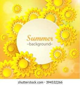 Abstract yellow Floral Greeting card - background with paper cut Frame sunflowers. Trendy Design Template. Vector illustration.  Floral trendy backdrop with orange, yellow summer flowers.
