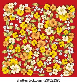 abstract yellow floral ornament with shadows on red background