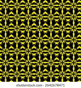 Abstract Yellow Floral Pattern on Black Background, Seamless and Decorative