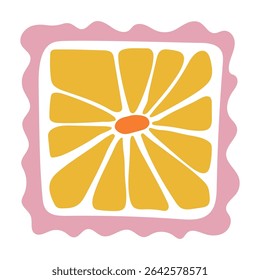 Abstract yellow flower with orange center in a modern hand-drawn style. Bold floral composition with simple petals. Perfect for textile, crafts, digital art, wall decor, print, and creative projects.