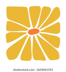 Abstract yellow flower with orange center in a modern hand-drawn style. Bold floral composition with simple petals. Perfect for textile, crafts, digital art, wall decor, print, and creative projects.