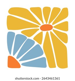 Abstract yellow flower with orange center in a modern hand-drawn style. Bold floral composition with simple petals. Perfect for textile, crafts, digital art, wall decor, print, and creative projects.