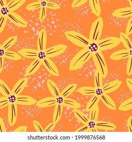 Abstract yellow flowers mandarin seamless doodle pattern. Orange background with splashes. Summer style. Perfect for fabric design, textile print, wrapping, cover. Vector illustration.