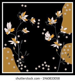 Abstrakte gelbe Blumen Muster auf schwarzem Hintergrund. Vektorpflaster für Druck, Stoff, Schal-Design.