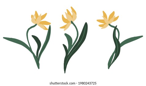 Abstract yellow flowers set. Collection of hand drawn vector stock illustrations. Colorful cartoon cliparts isolated on white background. Simple elements for design, print, decor, postcard, stickers.