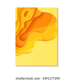 Abstract yellow flyer in cut paper style. Cutout orange wave template for for save the Earth posters, eco brochures, presentations, invitations with place for text. Vector applique card illustration.